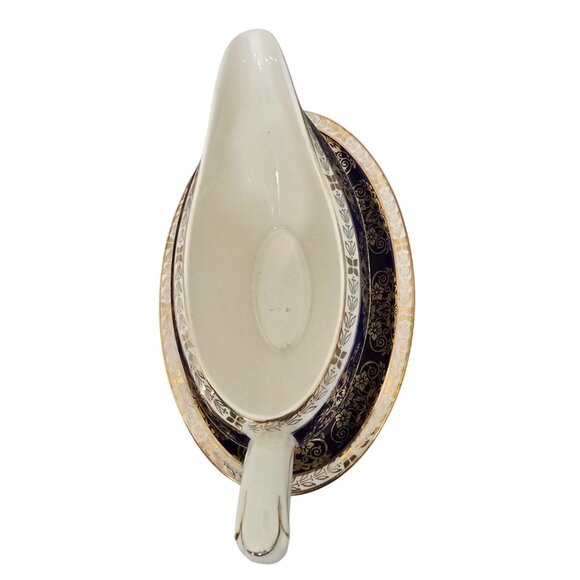 Antique Gravy Boat & Under Plate Crown Ducal Cobalt Blue Gold Floral England - Picture 6 of 8